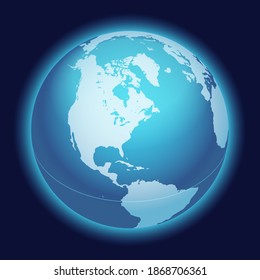 Vector World Globe Map. North America Centered Map. Blue Planet Sphere Icon Isolated On A Dark Background. 
