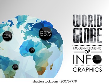 Vector world globe, triangular map of the earth. Modern elements of info graphics. World Map