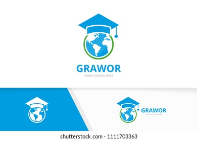Vektorwelt und Logo-Kombination für Graduierte. Erde und Lernsymbol oder -symbol. Einzigartige Design-Vorlage für den Globus und das College-Logo.