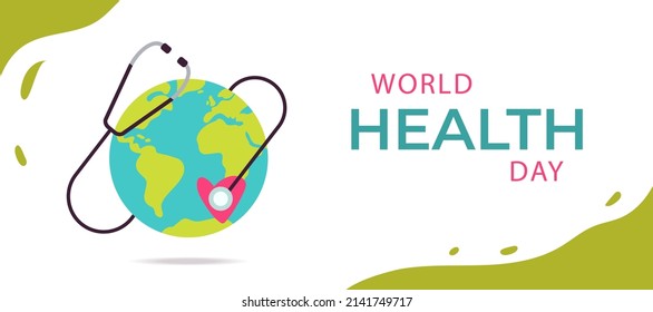 Vector World health Day Concept. Earth with stethoscope and heart. Isolated on white background. Global health awareness design banner. 7th April. 