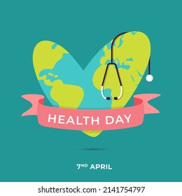 Vector World health Day Concept. Earth in heart shape with stethoscope and pink ribbon. 7th April.