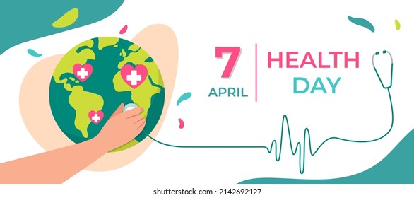 Concepto del Día Mundial de la Salud de los Vectores. Tierra con docto con estetoscopio y corazón. Aislado sobre fondo blanco. Pancarta de diseño de conciencia de la salud mundial. 7 de abril. 