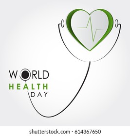 Vector world health day design concept. Cut out heart illustration with stethoscope and cardiogram. Medical care. Template for poster, banner, advertisement, cover, creative card. Notch out symbols.