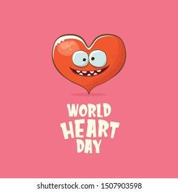 Vector world heart day card with funny cartoon heart character isolated on pink background. Conceptual heart day comic funky kids poster or banner with funky red heart