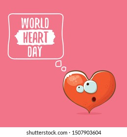 Vector world heart day card with funny cartoon heart character isolated on pink background. Conceptual heart day comic funky kids poster or banner with funky red heart