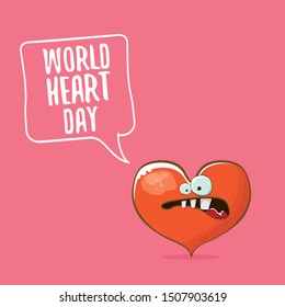 Vector world heart day card with funny cartoon heart character isolated on pink background. Conceptual heart day comic funky kids poster or banner with funky red heart