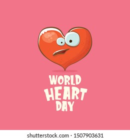Vector world heart day card with funny cartoon heart character isolated on pink background. Conceptual heart day comic funky kids poster or banner with funky red heart