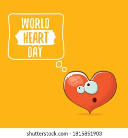 Tarjeta del día del corazón del mundo vectorial con caricatura divertida del corazón aislado en el fondo naranja. Afiche o pancarta de cómicos del día del corazón conceptual para niños graciosos con corazón rojo funky