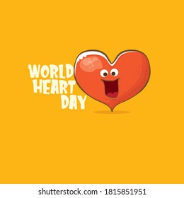 Vector world heart day card with funny cartoon heart character isolated on orange background. Conceptual heart day comic funky kids poster or banner with funky red heart