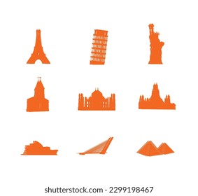 Vector world historical monuments, tourism, travel and aviation