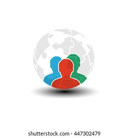 Vector world icon, human symbol. Community of people in the world. Three men silhouettes with globe from puzzle.
