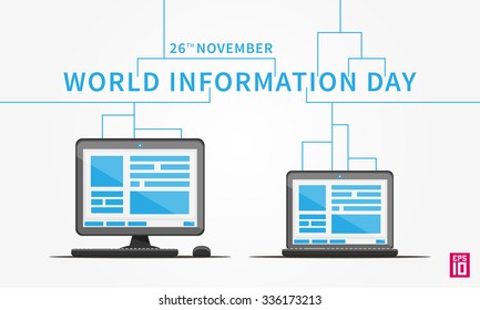 Vector World Information Day illustration. Design concept International Information Day with computer and notebook. 
