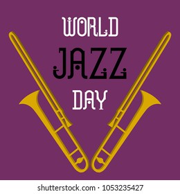Vector world jazz day concept with 3d trumpets, minimal poster