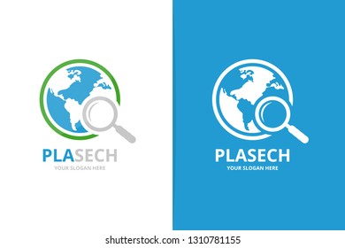 Vector world and loupe logo combination. Unique globe and search logotype design template.