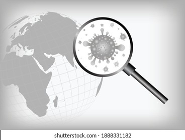 Vektorgrafik: Welt und Vergrößerungsglas mit Virus auf grauem Hintergrund