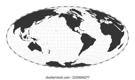 Vector world map. Aitoff projection. Plain world geographical map with latitude and longitude lines. Centered to 120 degrees E longitude. Vector illustration.