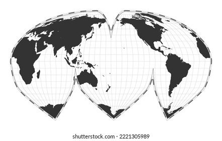 Vector world map. Alan K. Philbrick's interrupted sinu-Mollweide projection. Plan world geographical map with latitudelongitude lines. Centered to 180deg longitude. Vector illustration.