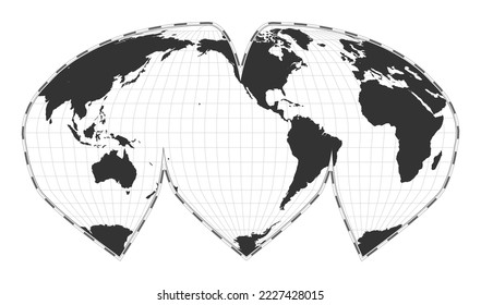 Vector world map. Alan K. Philbrick's interrupted sinu-Mollweide projection. Plain world geographical map with latitude and longitude lines. Centered to 120deg E longitude. Vector illustration.