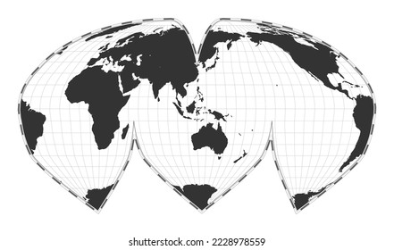 Vector world map. Alan K. Philbrick's interrupted sinu-Mollweide projection. Plain world geographical map with latitude and longitude lines. Centered to 120deg W longitude. Vector illustration.