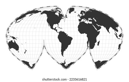 Vector world map. Alan K. Philbrick's interrupted sinu-Mollweide projection. Plain world geographical map with latitude and longitude lines. Centered to 60deg E longitude. Vector illustration.