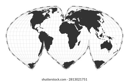 Vector world map. Alan K. Philbrick's interrupted sinu-Mollweide projection. Plain world geographical map with latitude and longitude lines. Centered to 0deg longitude. Vector illustration.