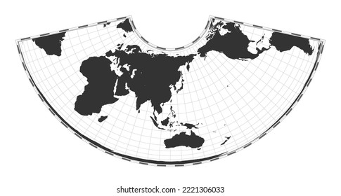 Vector world map in Albers conic equal-area projection. Geographical map with latitude and longitude lines, centered at 120 degrees W longitude. Vector illustration.