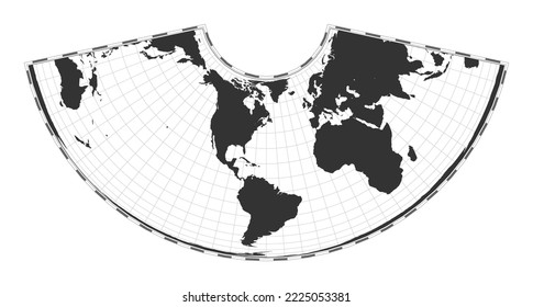 Vector world map. Albers conic equal-area projection. Plain world geographical map with latitude and longitude lines. Centered to 60deg E longitude. Vector illustration.
