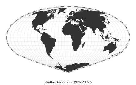 Vector world map. Allen K. Philbrick's Sinu-Mollweide projection. Plain world geographical map with latitude and longitude lines. Centered to 0deg longitude. Vector illustration.