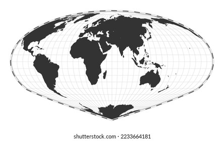 Vector world map. Allen K. Philbrick's Sinu-Mollweide projection. Plain world geographical map with latitude and longitude lines. Centered to 60deg W longitude. Vector illustration.