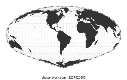 Vector world map. Allen K. Philbrick's Sinu-Mollweide projection. Plain world geographical map with latitude and longitude lines. Centered to 60deg E longitude. Vector illustration.