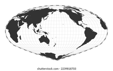 Vector world map. Allen K. Philbrick's Sinu-Mollweide projection. Plain world geographical map with latitude and longitude lines. Centered to 180deg longitude. Vector illustration.