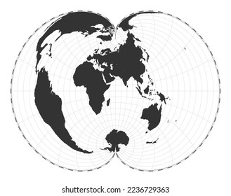 Vector world map. American polyconic projection. Plain world geographical map with latitude and longitude lines. Centered at 60 degrees West longitude. Vector illustration.