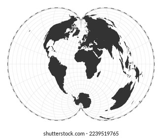 Vector world map. American polyconic projection. Plain world geographical map with latitude and longitude lines. Centered to 0 degrees longitude. Vector illustration.