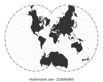 Vector world map. August's epicycloidal conformal projection. Plain world geographical map with latitude and longitude lines. Centered to 0deg longitude. Vector illustration.