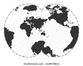 Vector world map. August's epicycloidal conformal projection. Plain world geographical map with latitude and longitude lines. Centered to 120deg W longitude. Vector illustration.