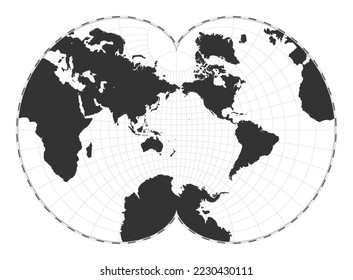 Vector world map. August's epicycloidal conformal projection. Plain world geographical map with latitude and longitude lines. Centered to 180 degrees longitude. Vector illustration.