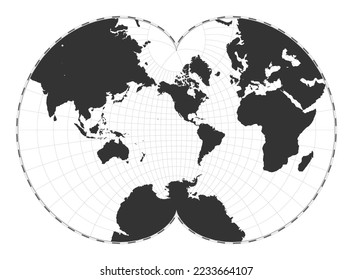 Vector world map. August's epicycloidal conformal projection. Plain world geographical map with latitude and longitude lines. Centered to 120deg E longitude. Vector illustration.