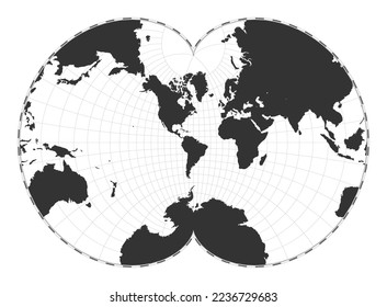 Vector world map. August's epicycloidal conformal projection. Plain world geographical map with latitude and longitude lines. Centered at 60 degrees E longitude. Vector illustration.