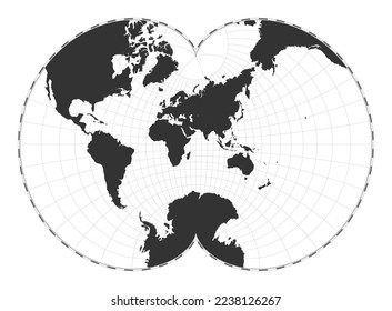 Vector world map. August's epicycloidal conformal projection. Plain world geographical map with latitude and longitude lines. Centered to 60 degrees West longitude. Vector illustration.