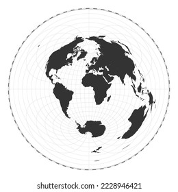 Vector world map. Azimuthal equidistant projection. Plain world geographical map with latitude and longitude lines. Centered to 0 degrees longitude. Vector illustration.