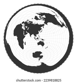Vector world map. Azimuthal equidistant projection. Plain world geographical map with latitude and longitude lines. Centered to 120 degrees W longitude. Vector illustration.