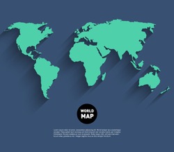 Vector World Map Background With Long Shadow And Flat Design Style, Clean And Modern