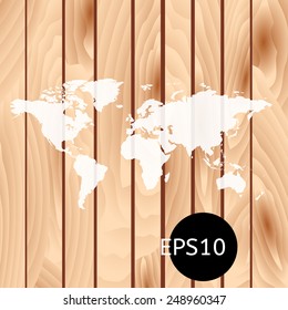 Vector World Map background on wooden background