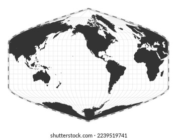 Vector world map. Baker Dinomic projection. Plain world geographical map with latitude and longitude lines. Centered to 120deg E longitude. Vector illustration.