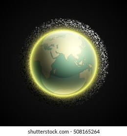 Vector world map with belt of comets and asteroids. Globe icon in the space debris environment. Planet Earth on black background view from space. Continents world picture. Colorful poster presentation