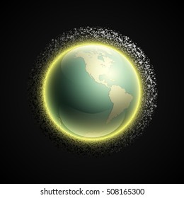 Vector world map with belt of comets and asteroids. Globe icon in the space debris environment. Planet Earth on black background view from space. Continents world picture. Colorful poster presentation