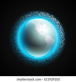 Vector world map with belt of comets and asteroids. Globe icon in the space debris environment. Planet Earth on black background view from space. Continents world picture. Colorful poster presentation
