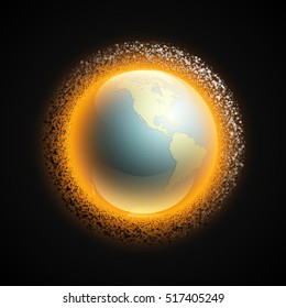 Vector world map with belt of comets and asteroids. Globe icon in the space debris environment. Planet Earth on black background view from space. Continents world picture. Colorful poster presentation