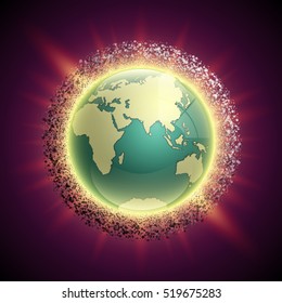 Vector world map with belt of comets and asteroids. Globe icon in the debris environment. Planet Earth on black background view from space. Continents world picture. Colorful poster presentation