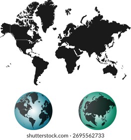 Vector world map. Black color flat world map with glove